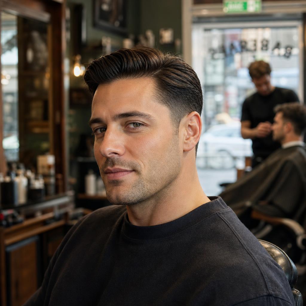 Pompadour with sharp fade and full beard shape-up