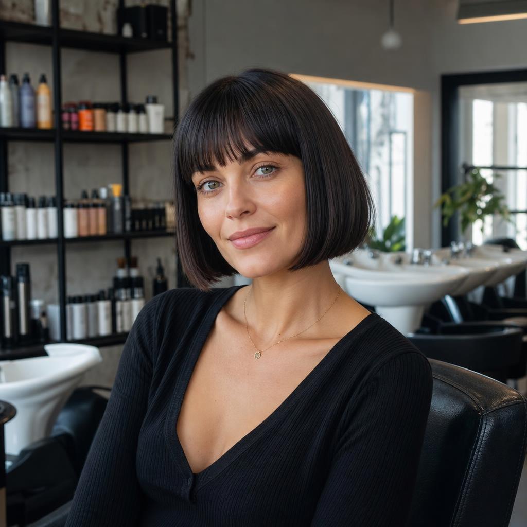 Sleek glossy bob with blunt fringe